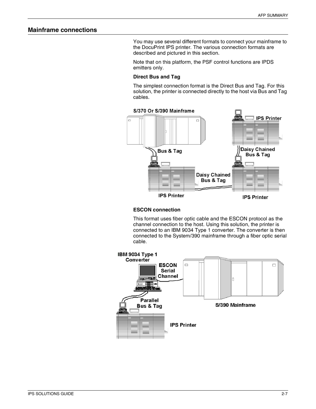 Xerox 721P88200 manual Mainframe connections, Direct Bus and Tag, Escon connection 