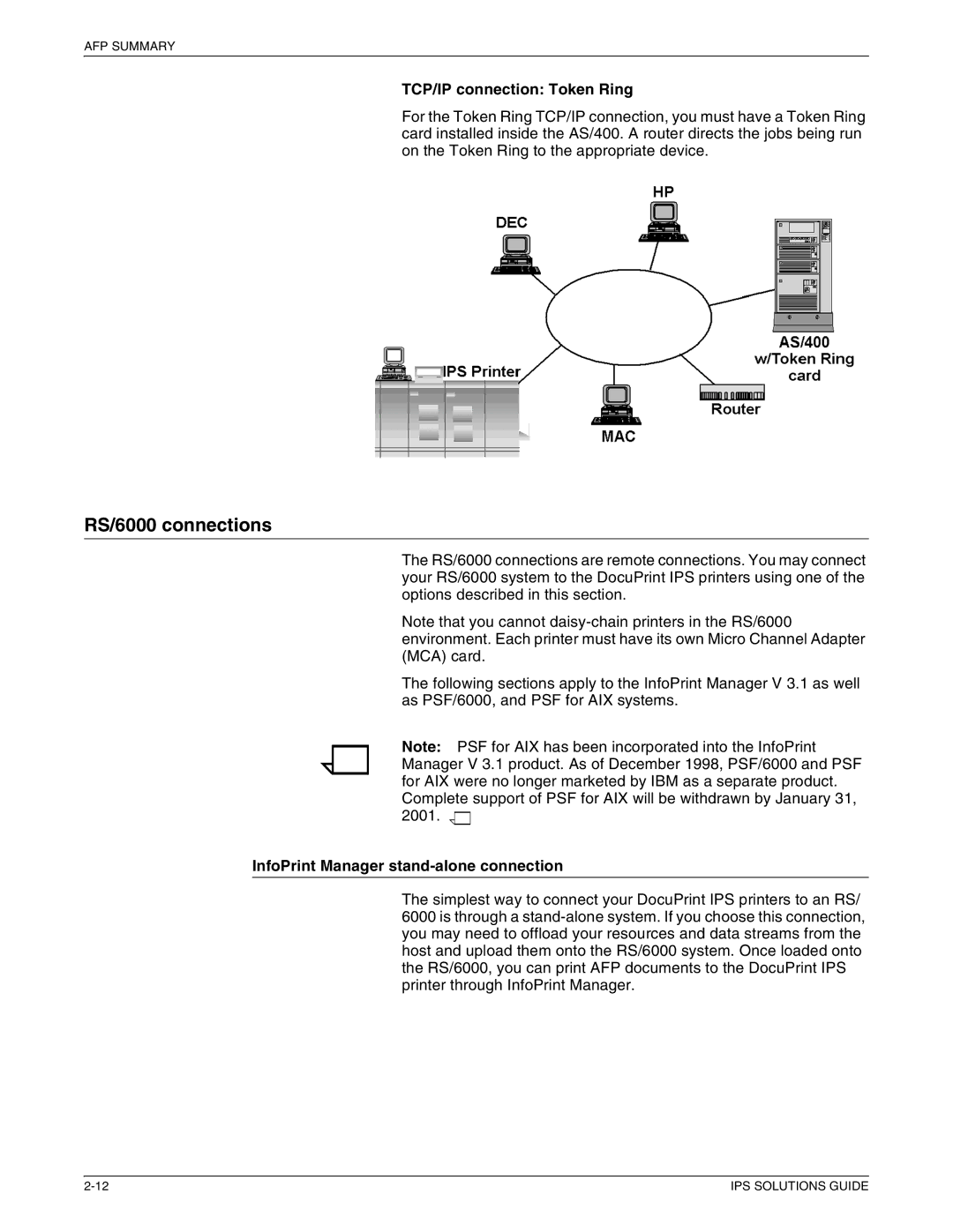 Xerox 721P88200 manual RS/6000 connections, InfoPrint Manager stand-alone connection 