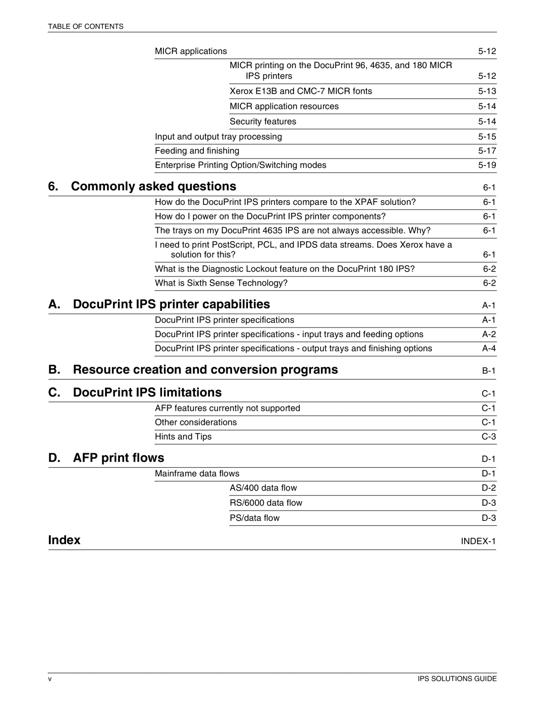 Xerox 721P88200 manual Commonly asked questions, DocuPrint IPS printer capabilities, AFP print flows, Index, INDEX-1 