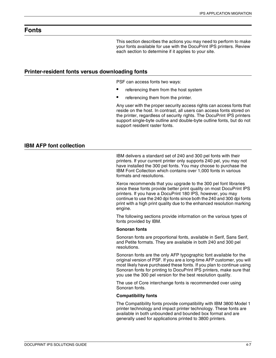 Xerox 721P88200 manual Fonts, Printer-resident fonts versus downloading fonts, IBM AFP font collection, Sonoran fonts 