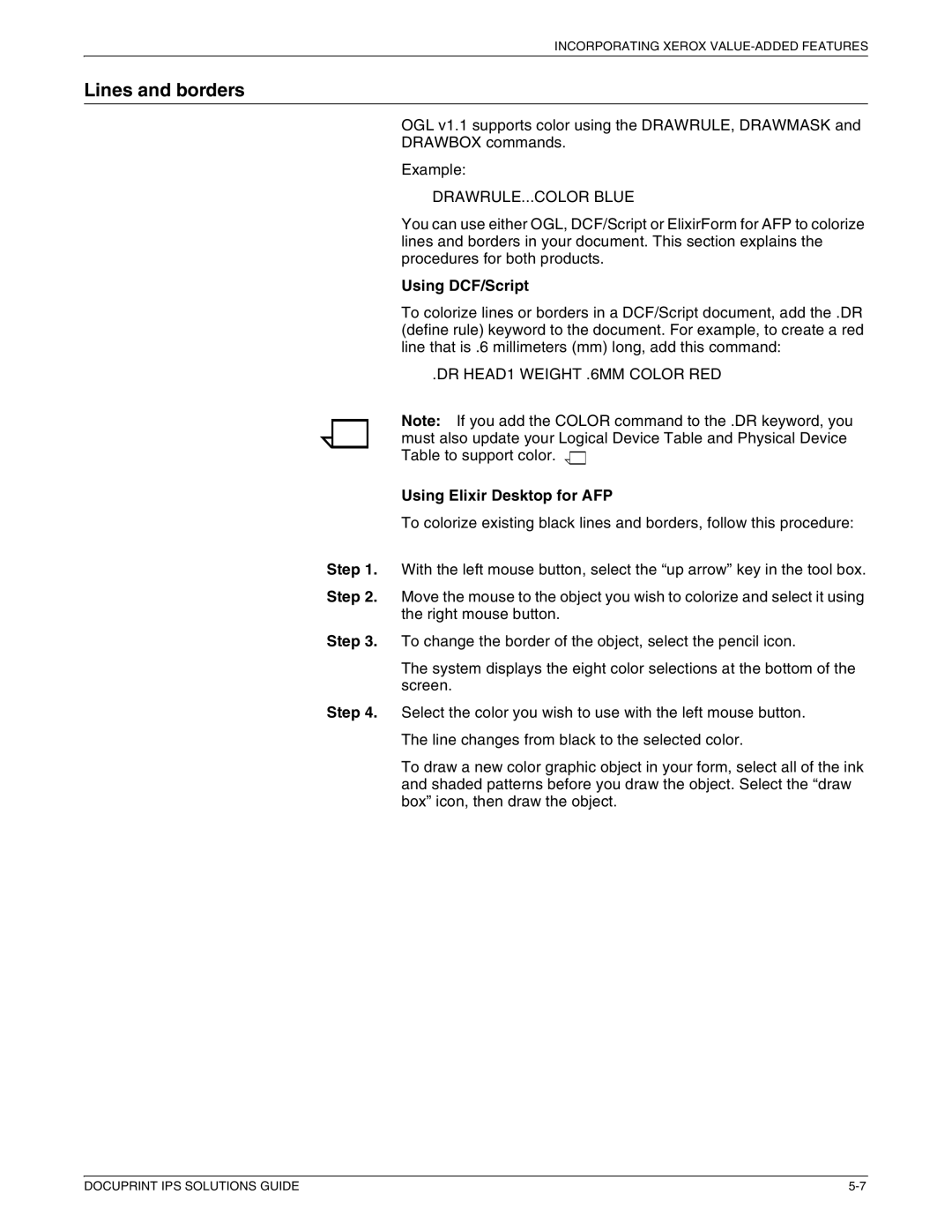 Xerox 721P88200 manual Lines and borders, DRAWRULE...COLOR Blue, Using DCF/Script, DR HEAD1 Weight .6MM Color RED 