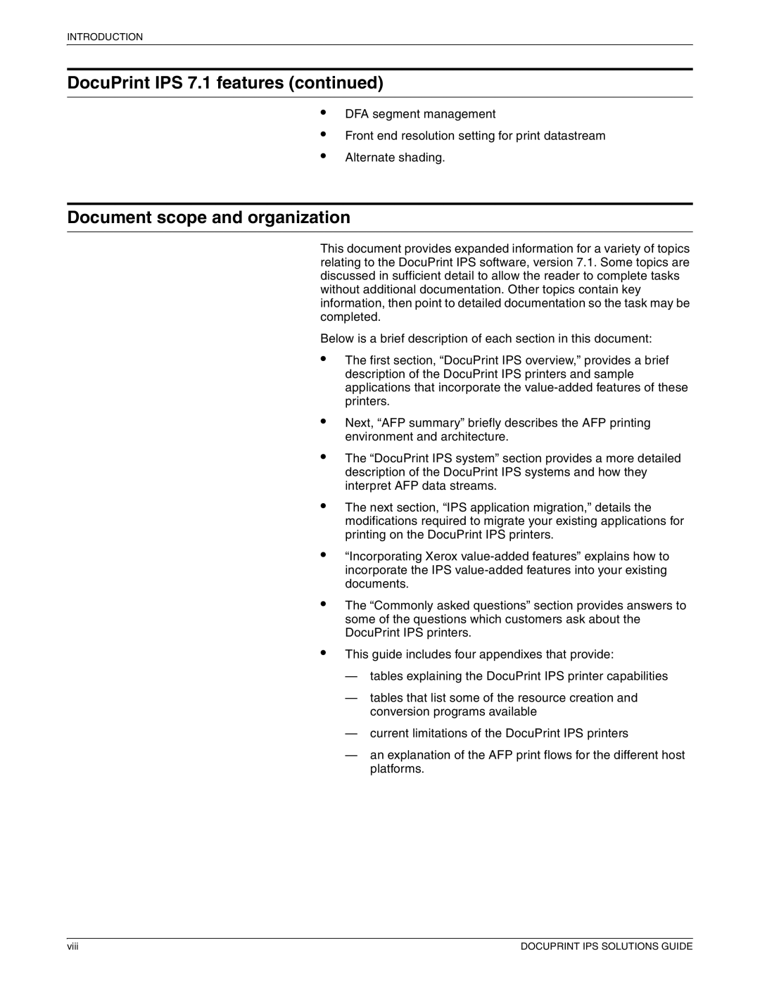 Xerox 721P88200 manual DocuPrint IPS 7.1 features, Document scope and organization 