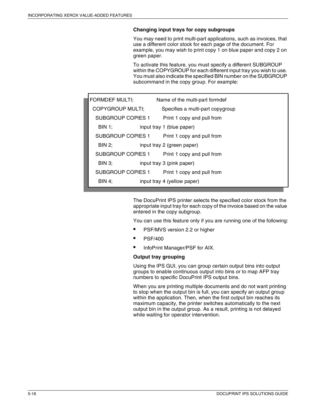 Xerox 721P88200 manual Changing input trays for copy subgroups, Formdef Multi, Copygroup Multi, Subgroup Copies 