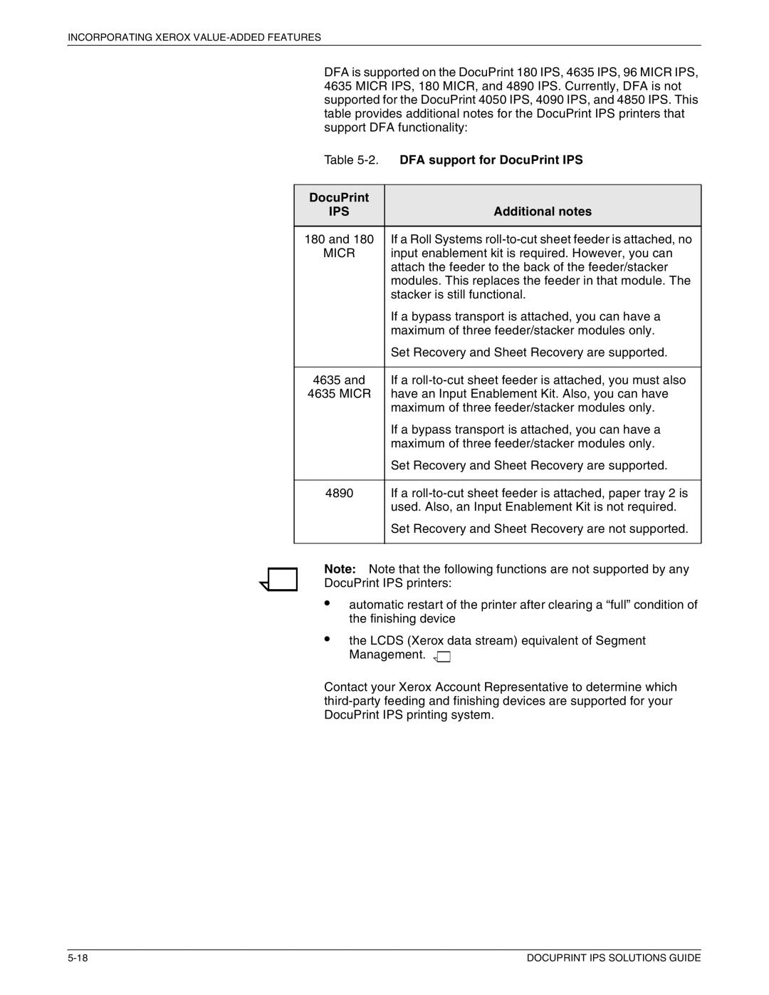 Xerox 721P88200 manual DFA support for DocuPrint IPS, DocuPrint Additional notes 