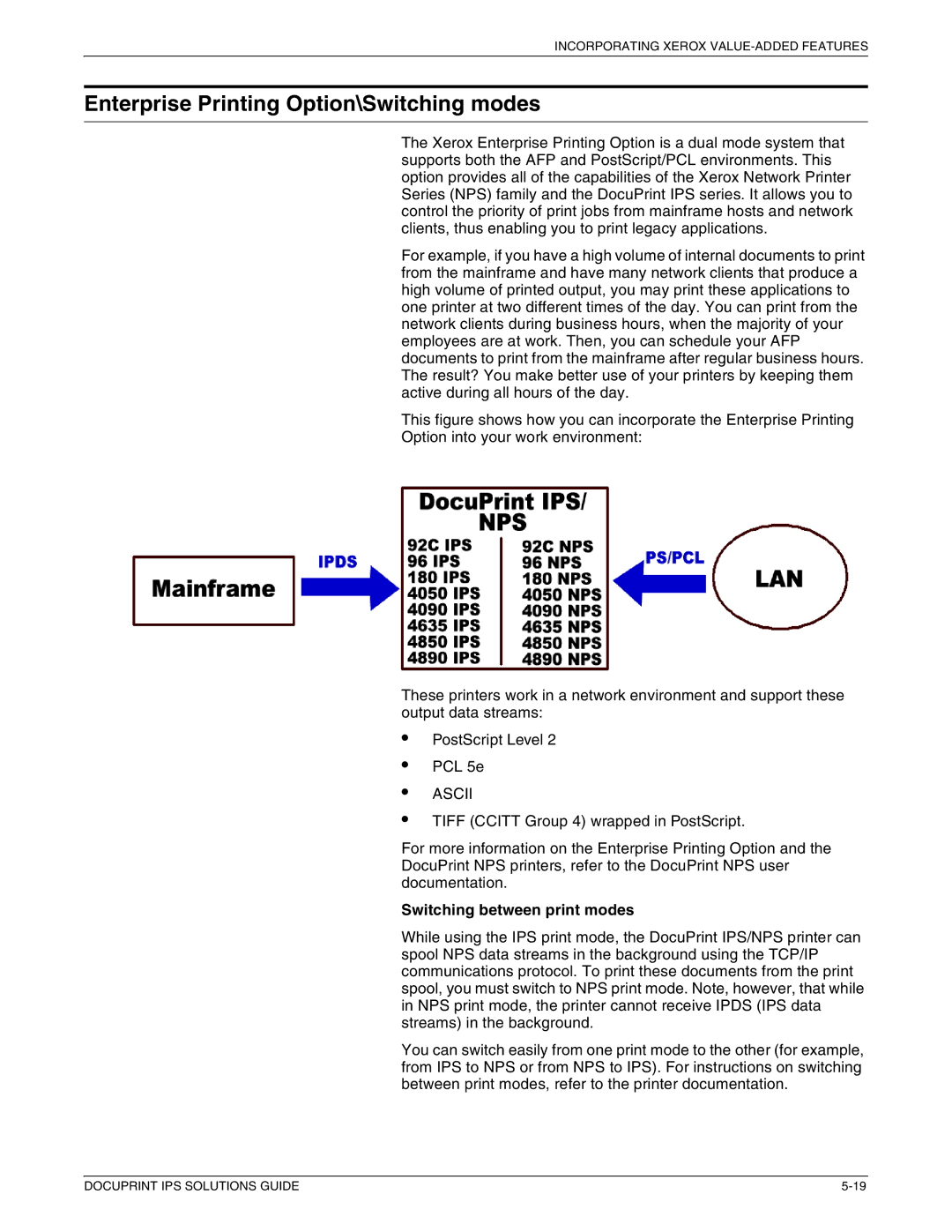 Xerox 721P88200 manual Enterprise Printing Option\Switching modes, Ascii, Switching between print modes 