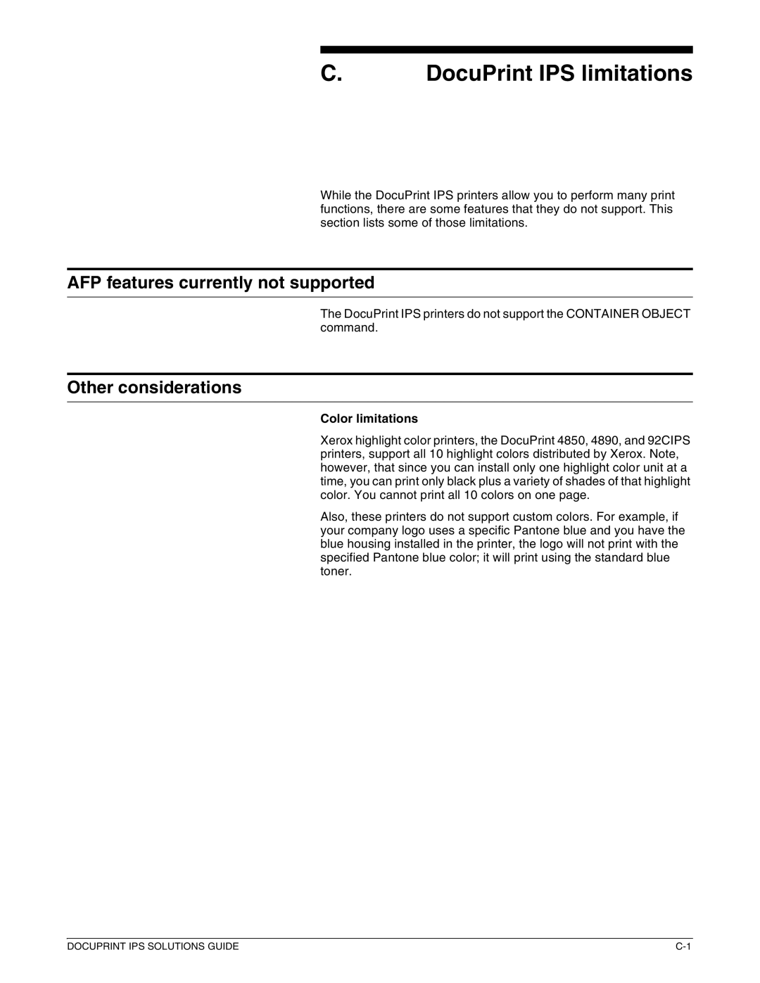 Xerox 721P88200 DocuPrint IPS limitations, AFP features currently not supported, Other considerations, Color limitations 