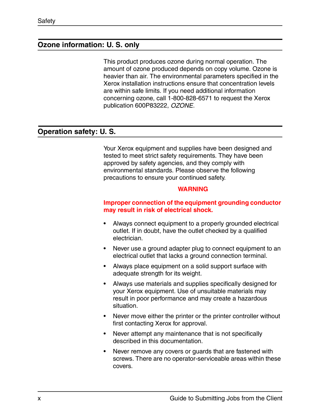 Xerox 721P90350 manual Ozone information U. S. only, Operation safety U. S 