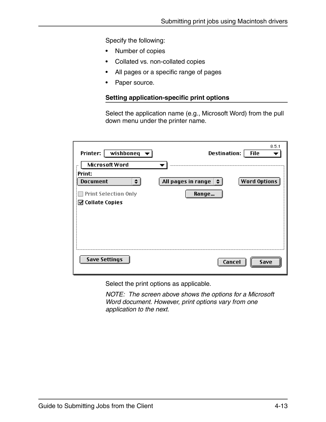 Xerox 721P90350 manual Setting application-specific print options 