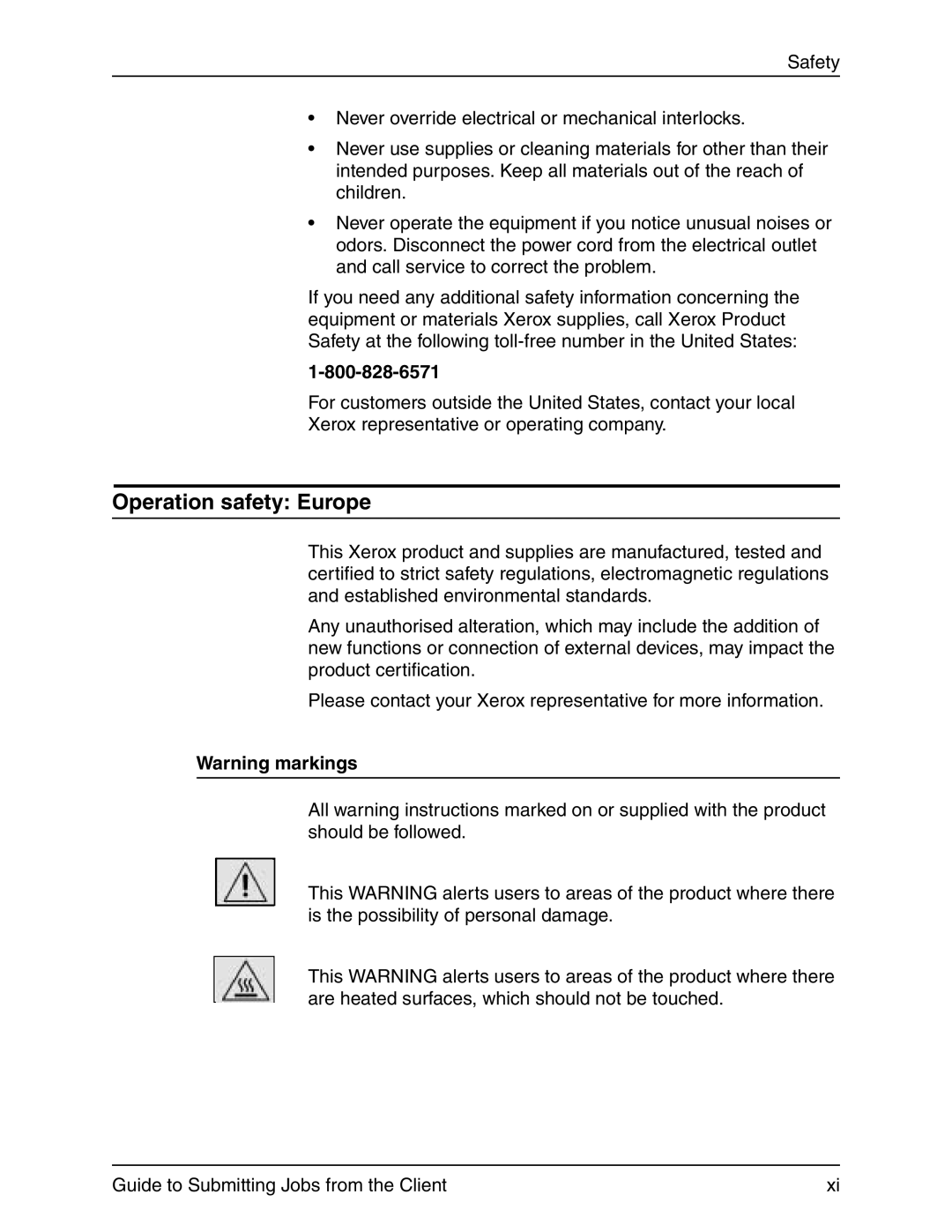 Xerox 721P90350 manual Operation safety Europe 