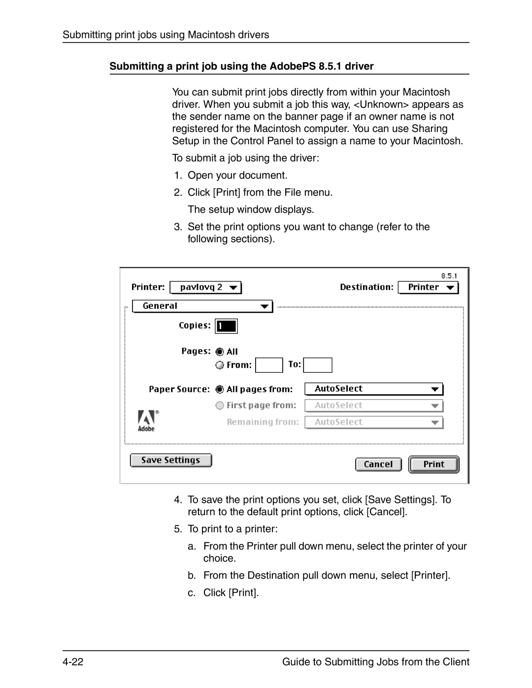 Xerox 721P90350 manual Submitting a print job using the AdobePS 8.5.1 driver 