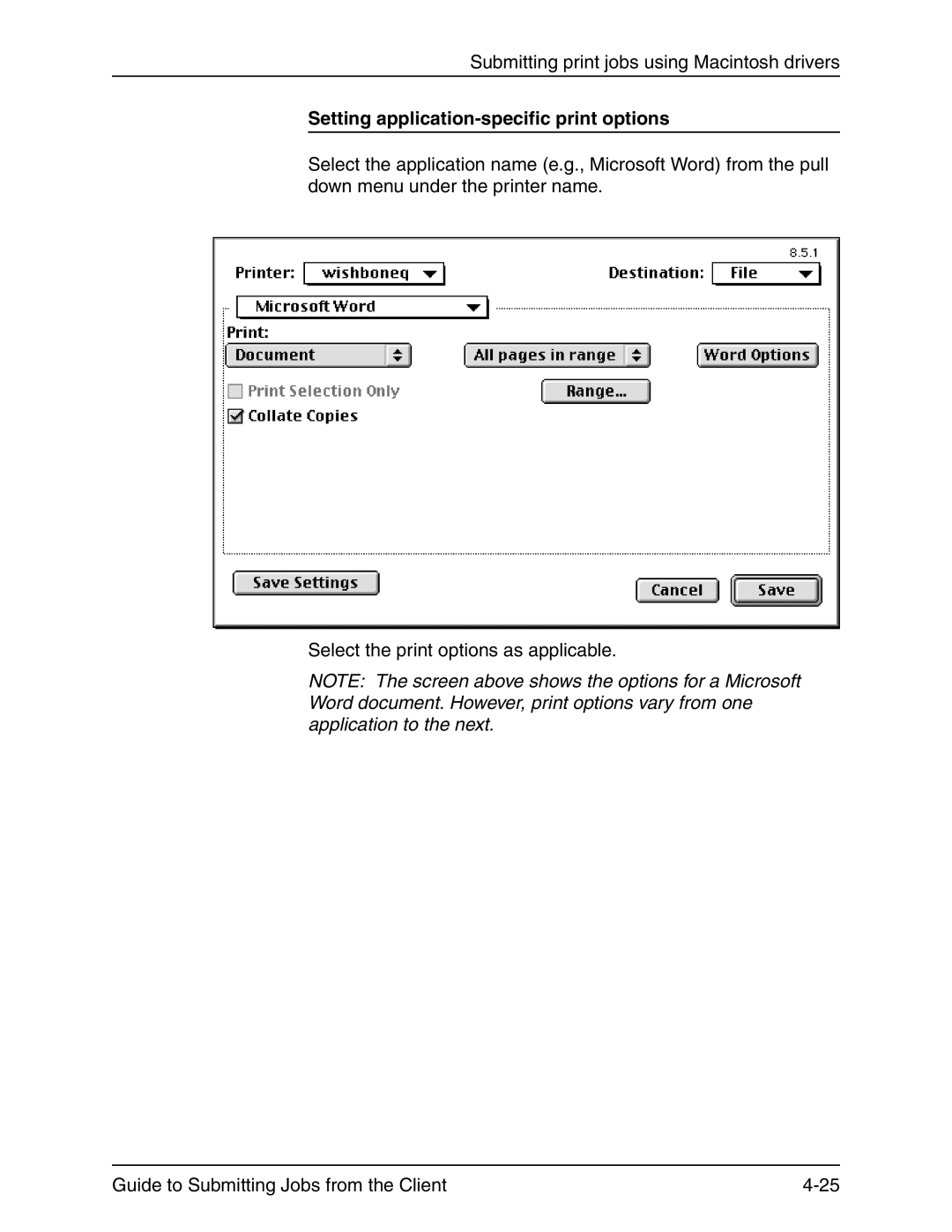 Xerox 721P90350 manual Setting application-specific print options 