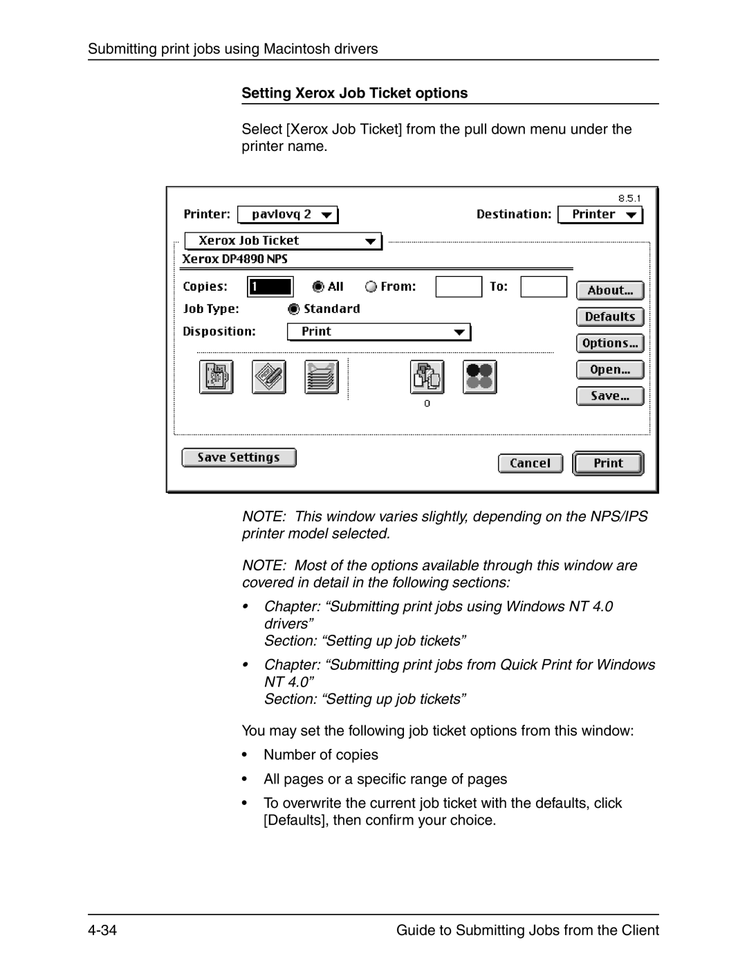 Xerox 721P90350 manual Setting Xerox Job Ticket options 