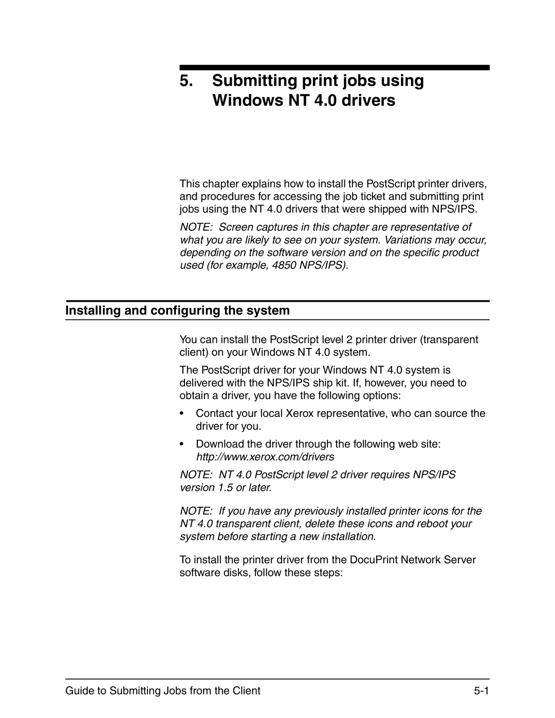 Xerox 721P90350 manual Submitting print jobs using Windows NT 4.0 drivers, Installing and configuring the system 