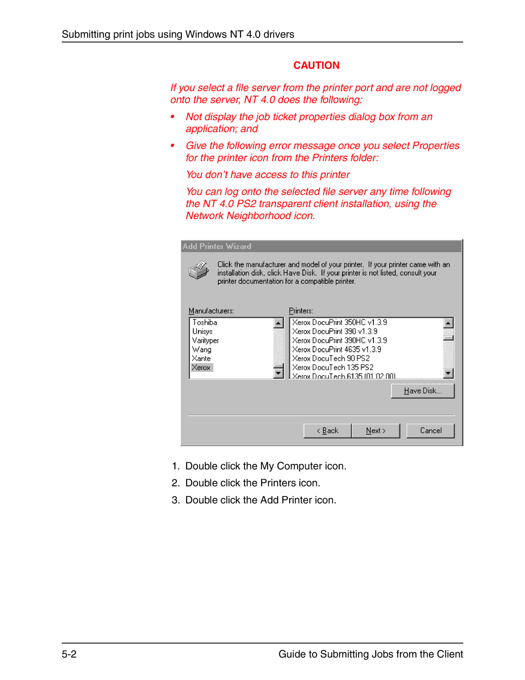 Xerox 721P90350 manual Submitting print jobs using Windows NT 4.0 drivers 