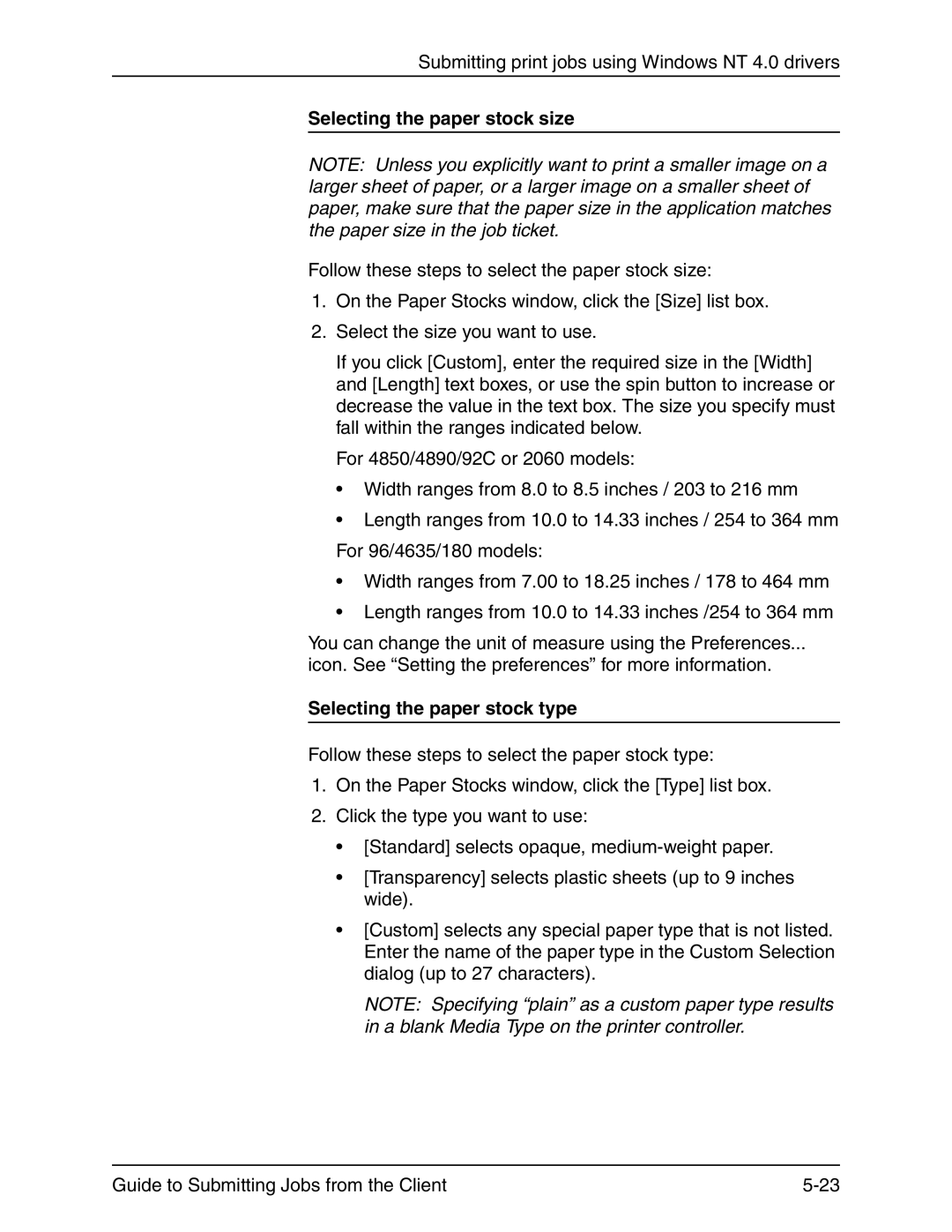 Xerox 721P90350 manual Selecting the paper stock size, Selecting the paper stock type 