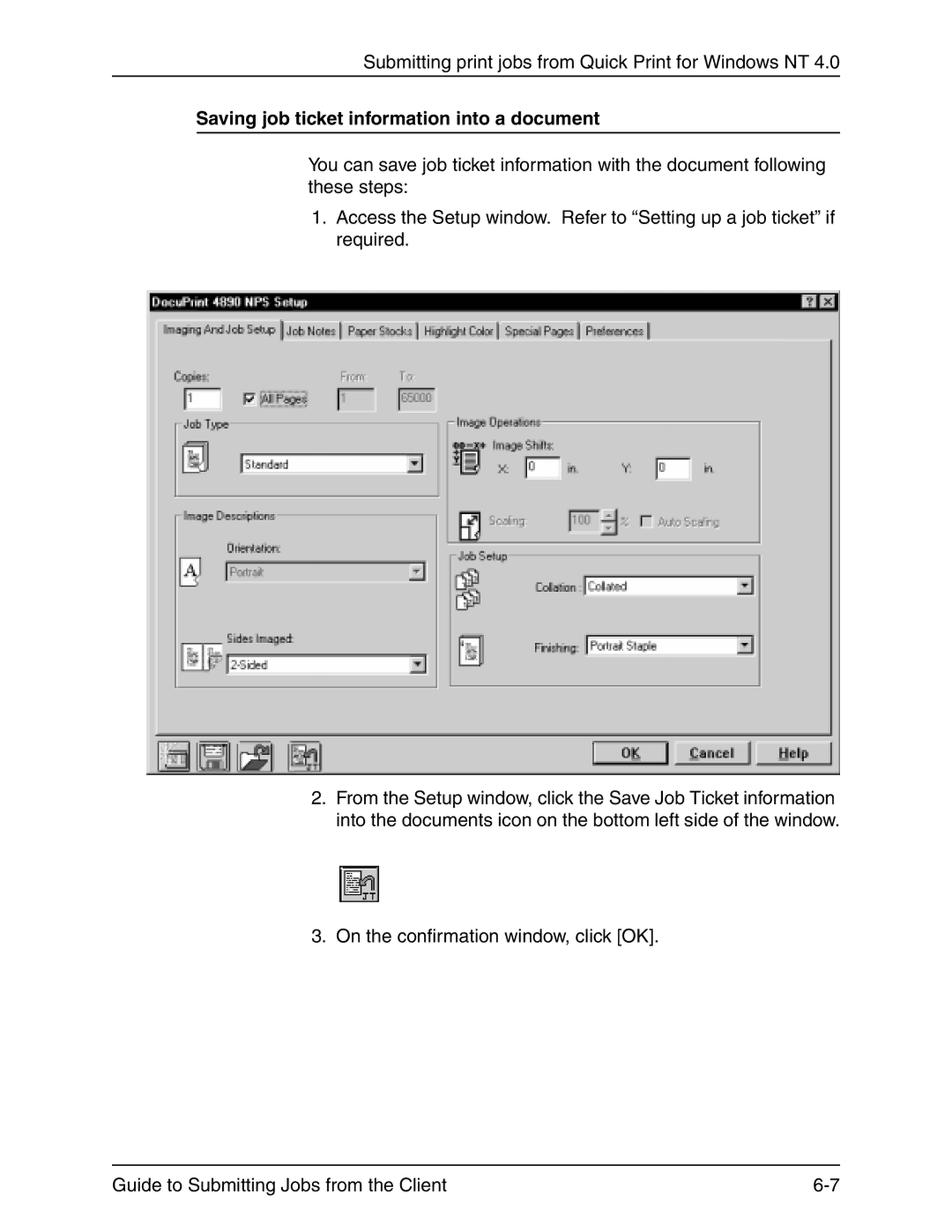 Xerox 721P90350 manual Saving job ticket information into a document 