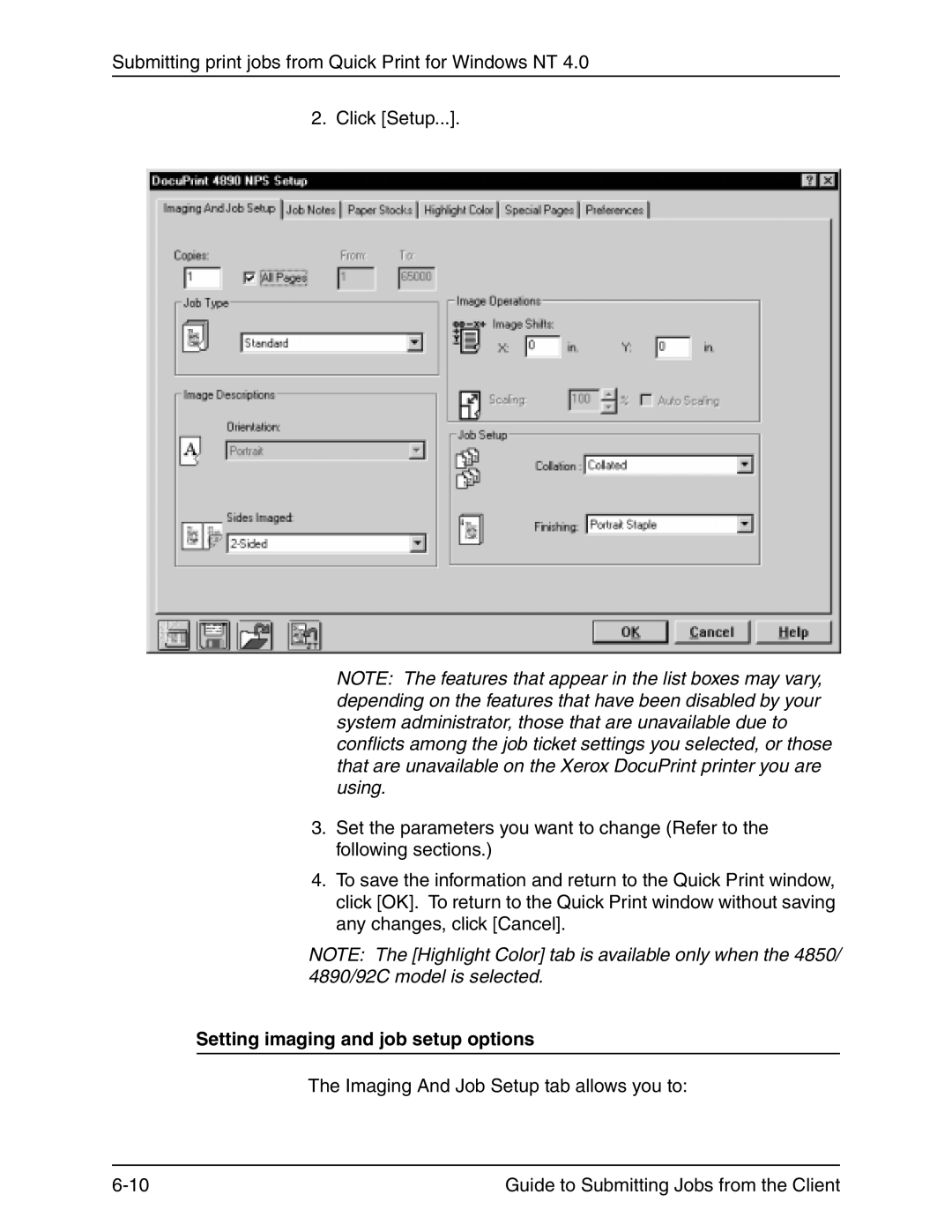 Xerox 721P90350 manual Setting imaging and job setup options 