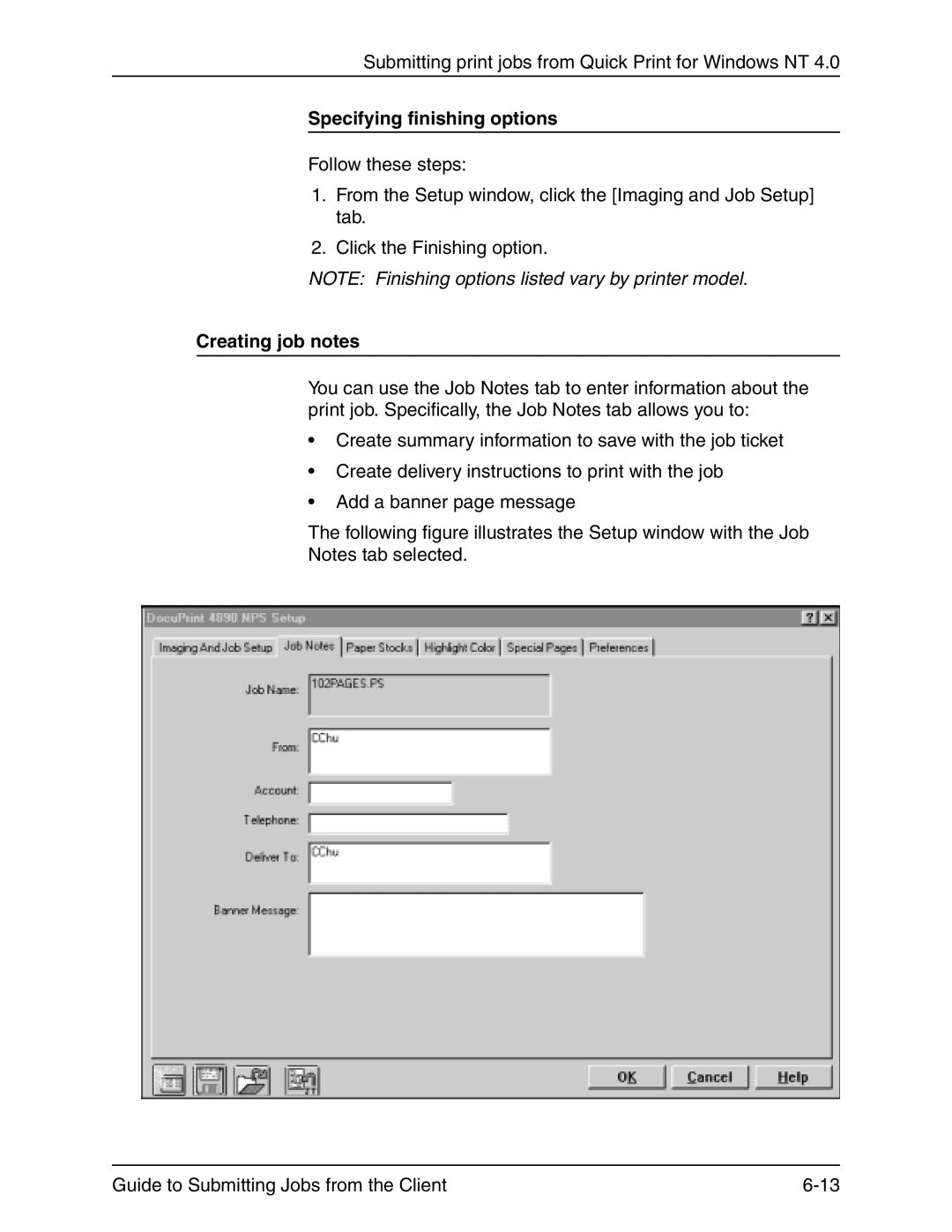 Xerox 721P90350 manual Specifying finishing options, Creating job notes 