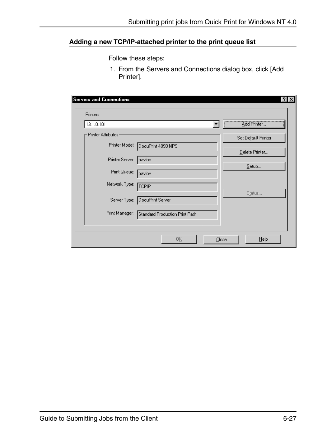 Xerox 721P90350 manual Adding a new TCP/IP-attached printer to the print queue list 