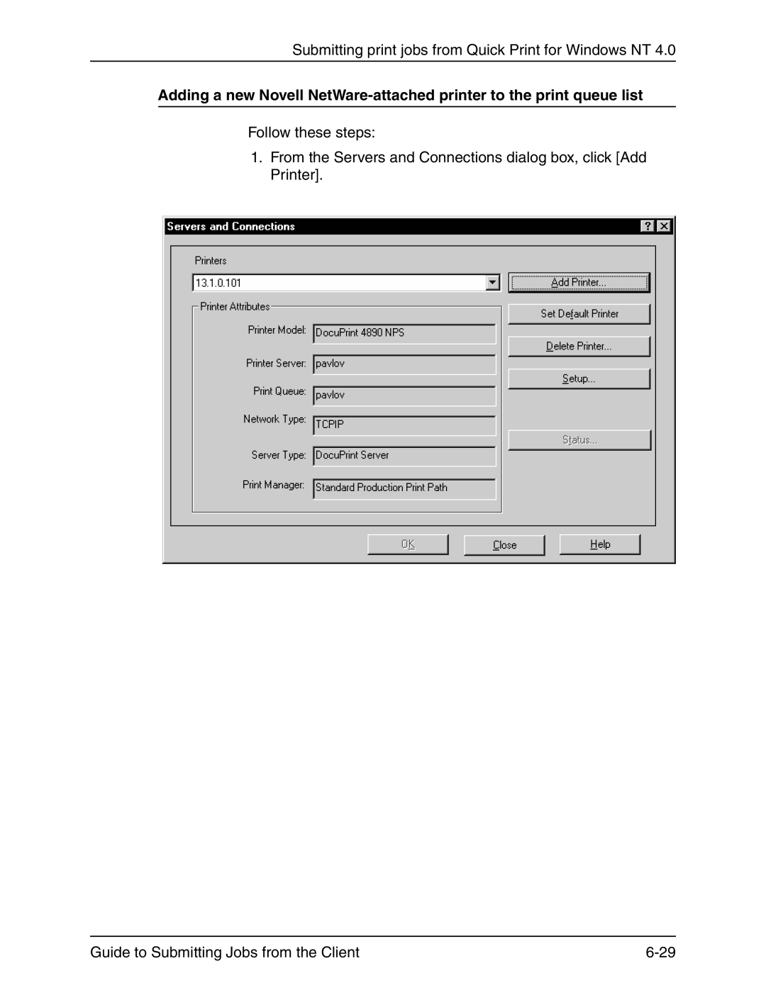 Xerox 721P90350 manual Submitting print jobs from Quick Print for Windows NT 