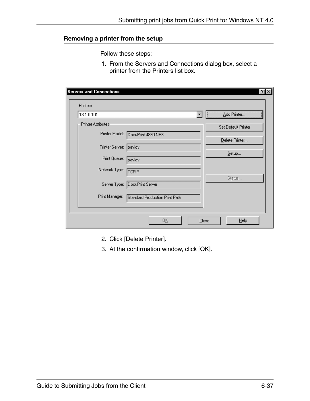 Xerox 721P90350 manual Removing a printer from the setup 