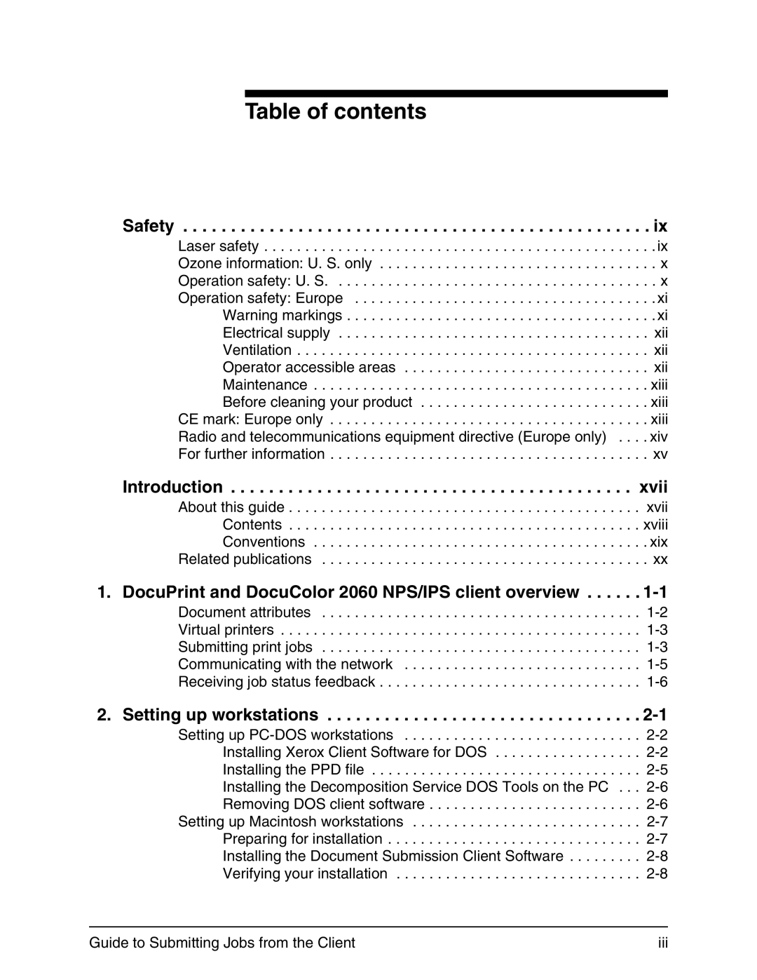 Xerox 721P90350 manual Table of contents 