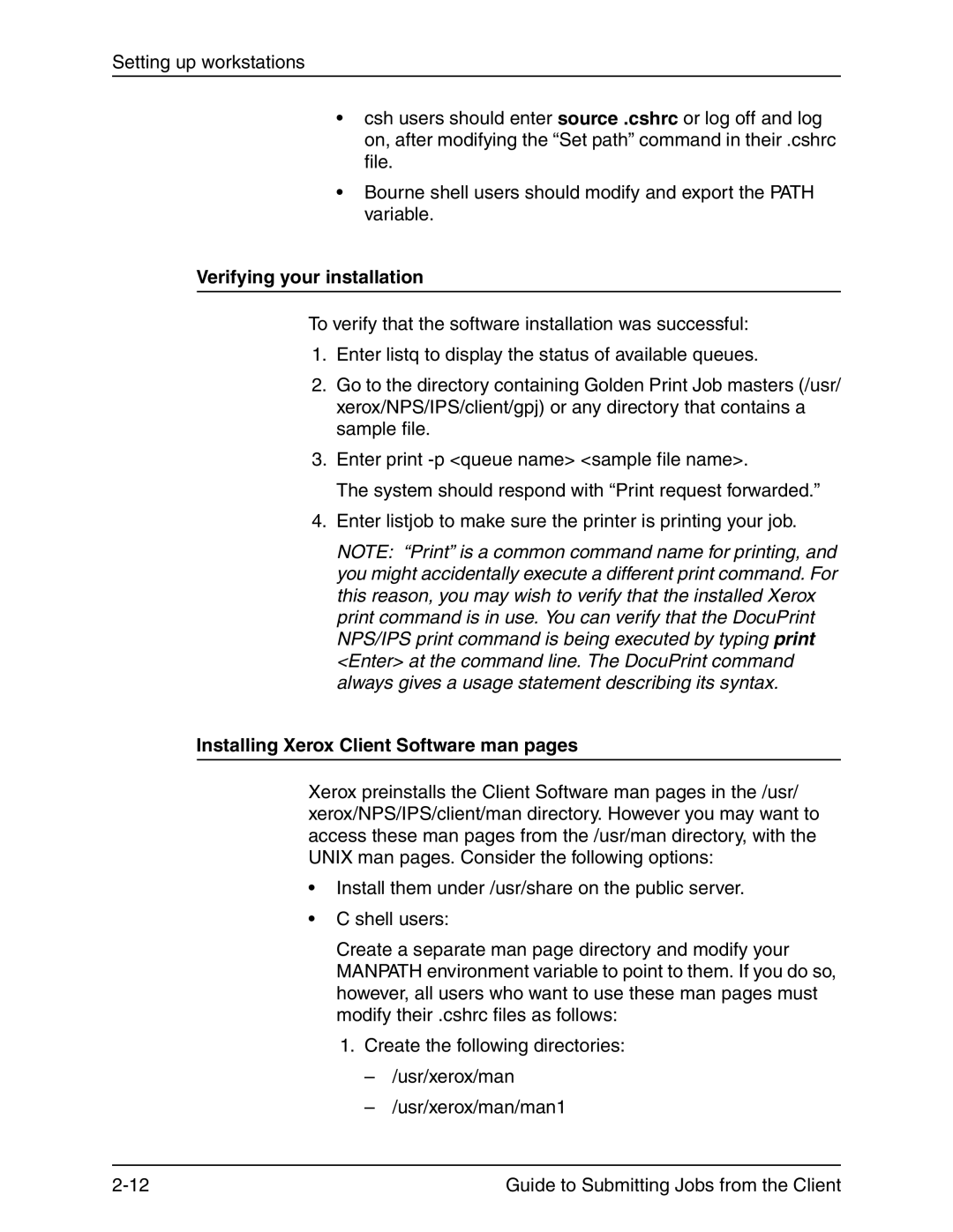 Xerox 721P90350 manual Verifying your installation, Installing Xerox Client Software man pages 