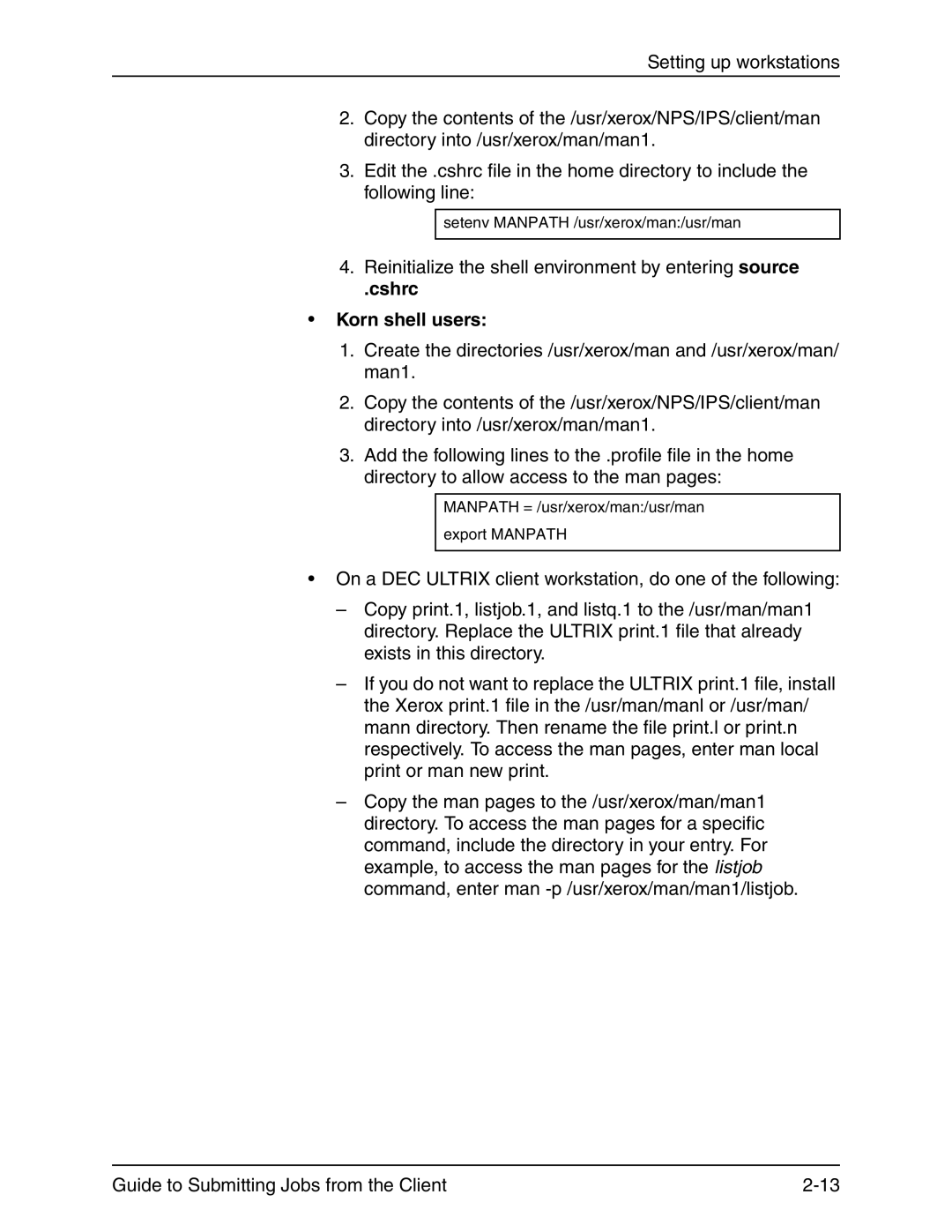 Xerox 721P90350 manual Cshrc Korn shell users 