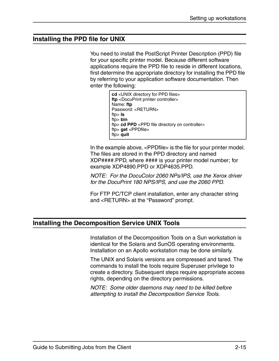 Xerox 721P90350 manual Installing the PPD file for Unix, Installing the Decomposition Service Unix Tools 