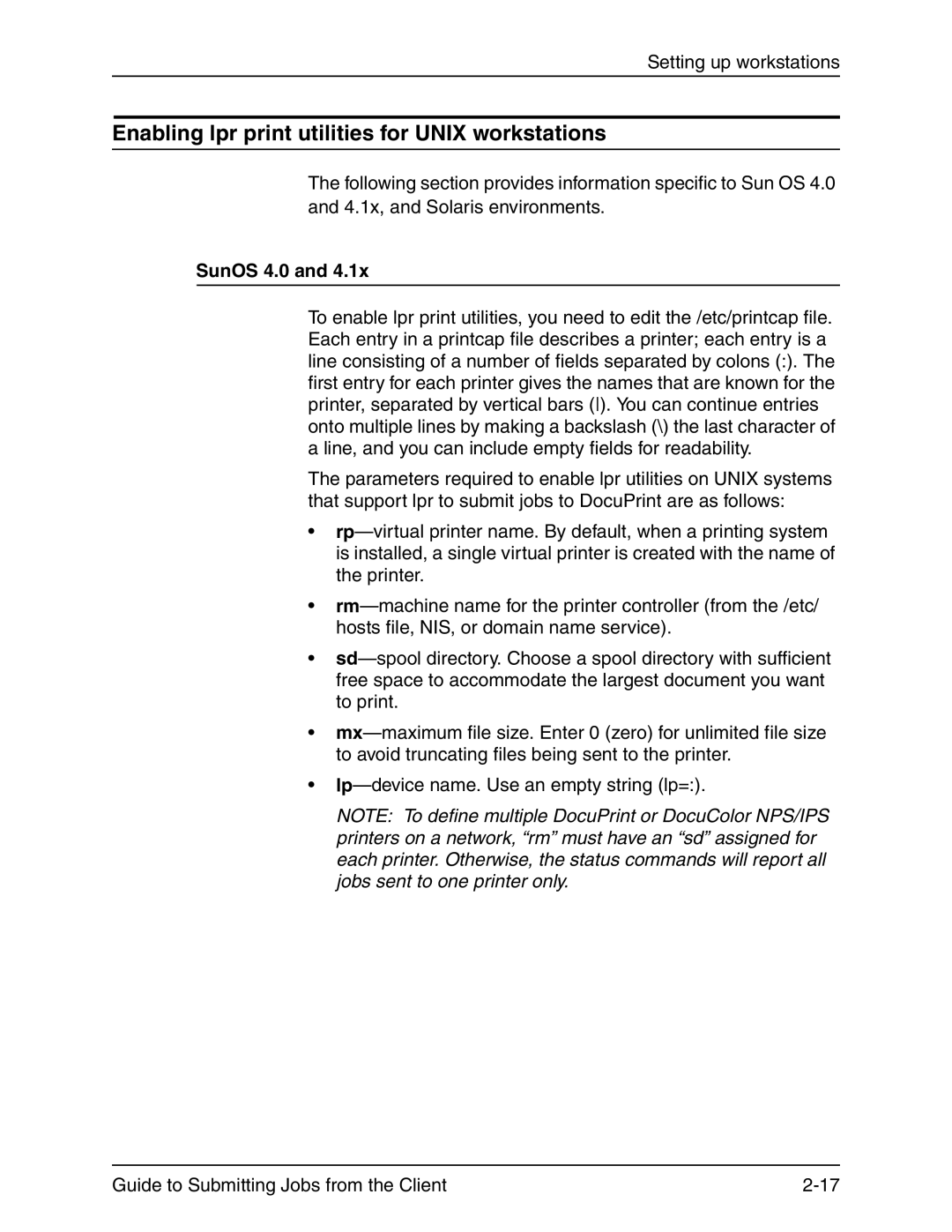 Xerox 721P90350 manual Enabling lpr print utilities for Unix workstations, SunOS 4.0 