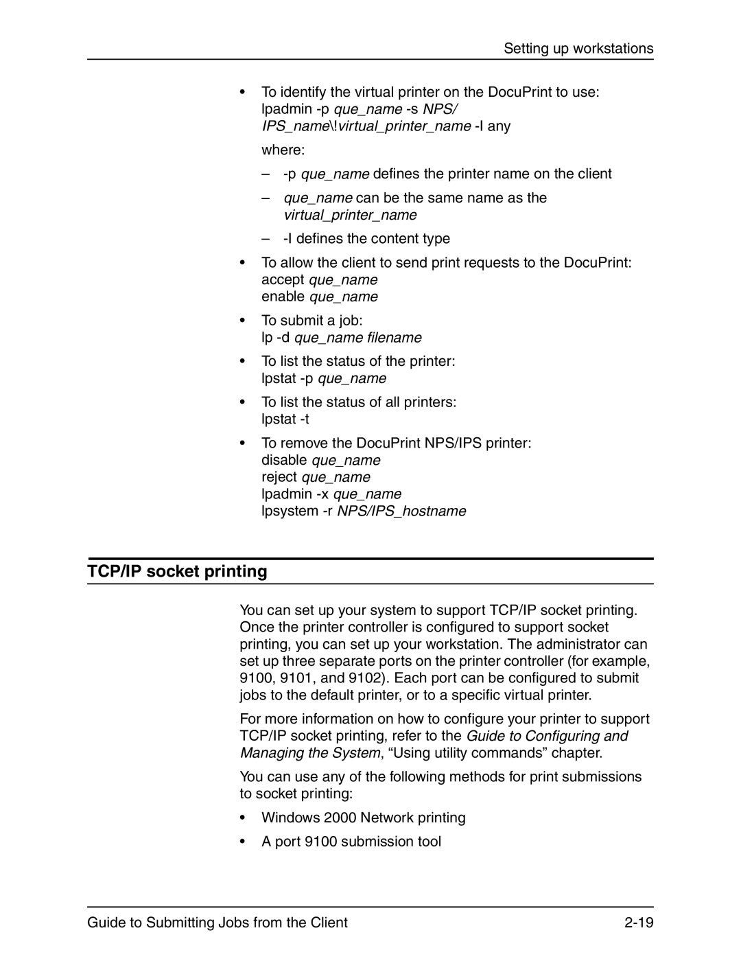 Xerox 721P90350 manual TCP/IP socket printing, Lp -dquename filename 