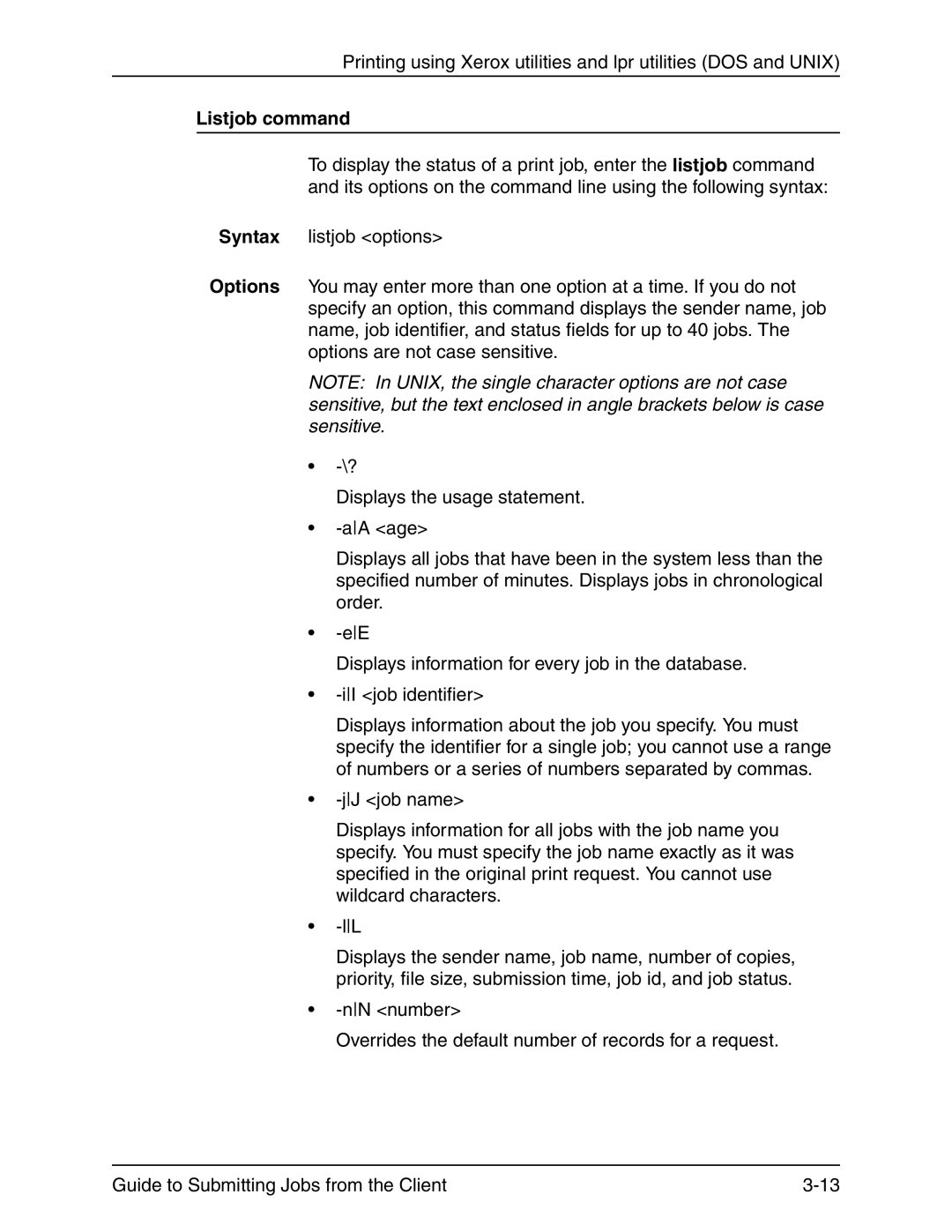 Xerox 721P90350 manual Listjob command 