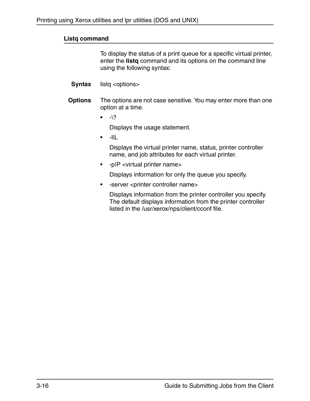 Xerox 721P90350 manual Listq command 