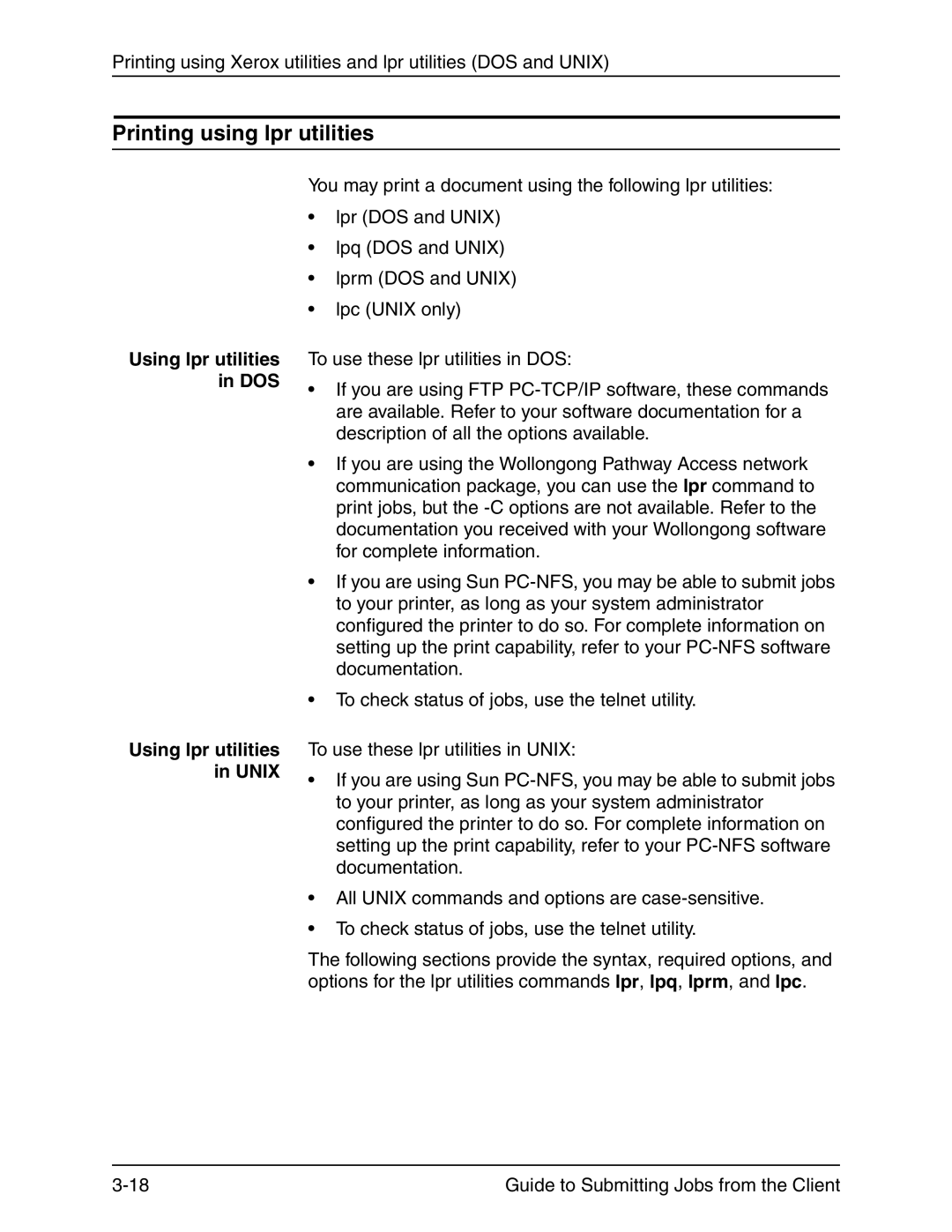 Xerox 721P90350 manual Printing using lpr utilities, Using lpr utilities in DOS, Using lpr utilities in Unix 