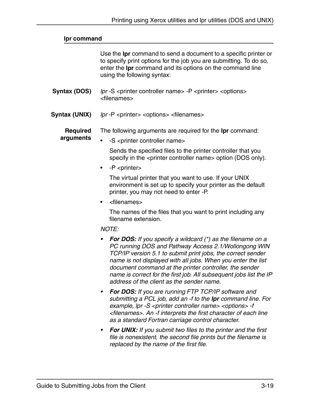 Xerox 721P90350 manual Lpr command Syntax DOS Syntax Unix Required arguments 