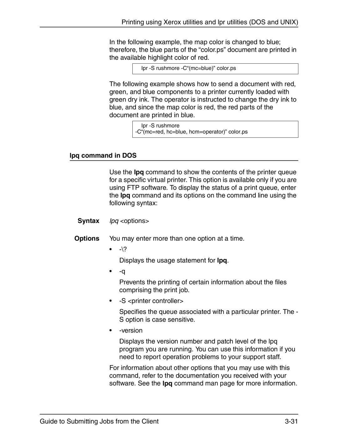 Xerox 721P90350 manual Lpq command in DOS 