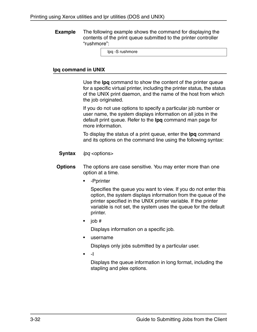 Xerox 721P90350 manual Lpq command in Unix 