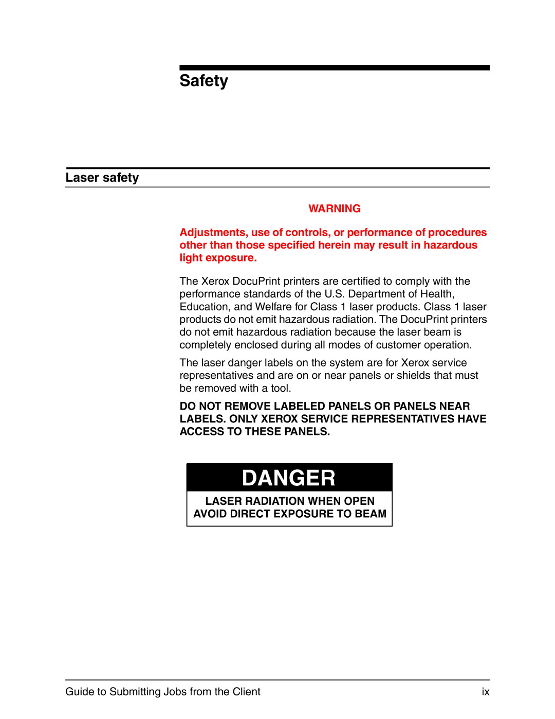 Xerox 721P90350 manual Safety, Laser safety 