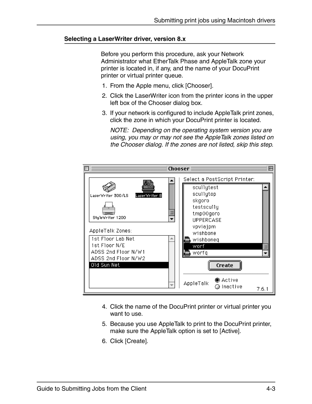 Xerox 721P90350 manual Selecting a LaserWriter driver, version 