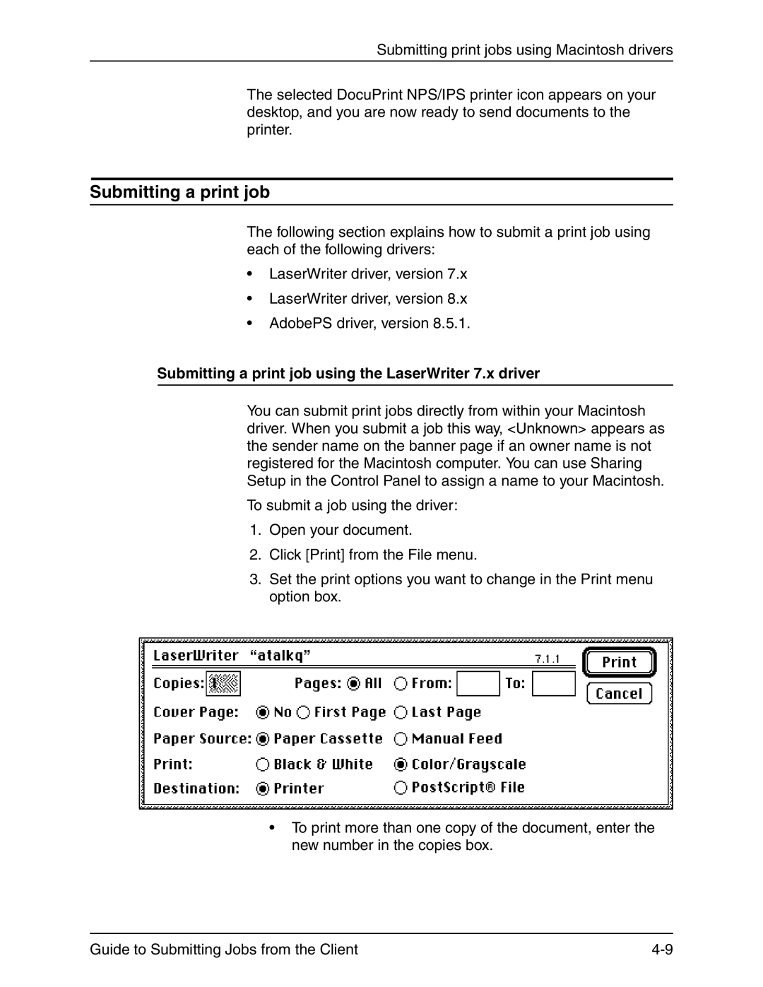 Xerox 721P90350 manual Submitting a print job using the LaserWriter 7.x driver 