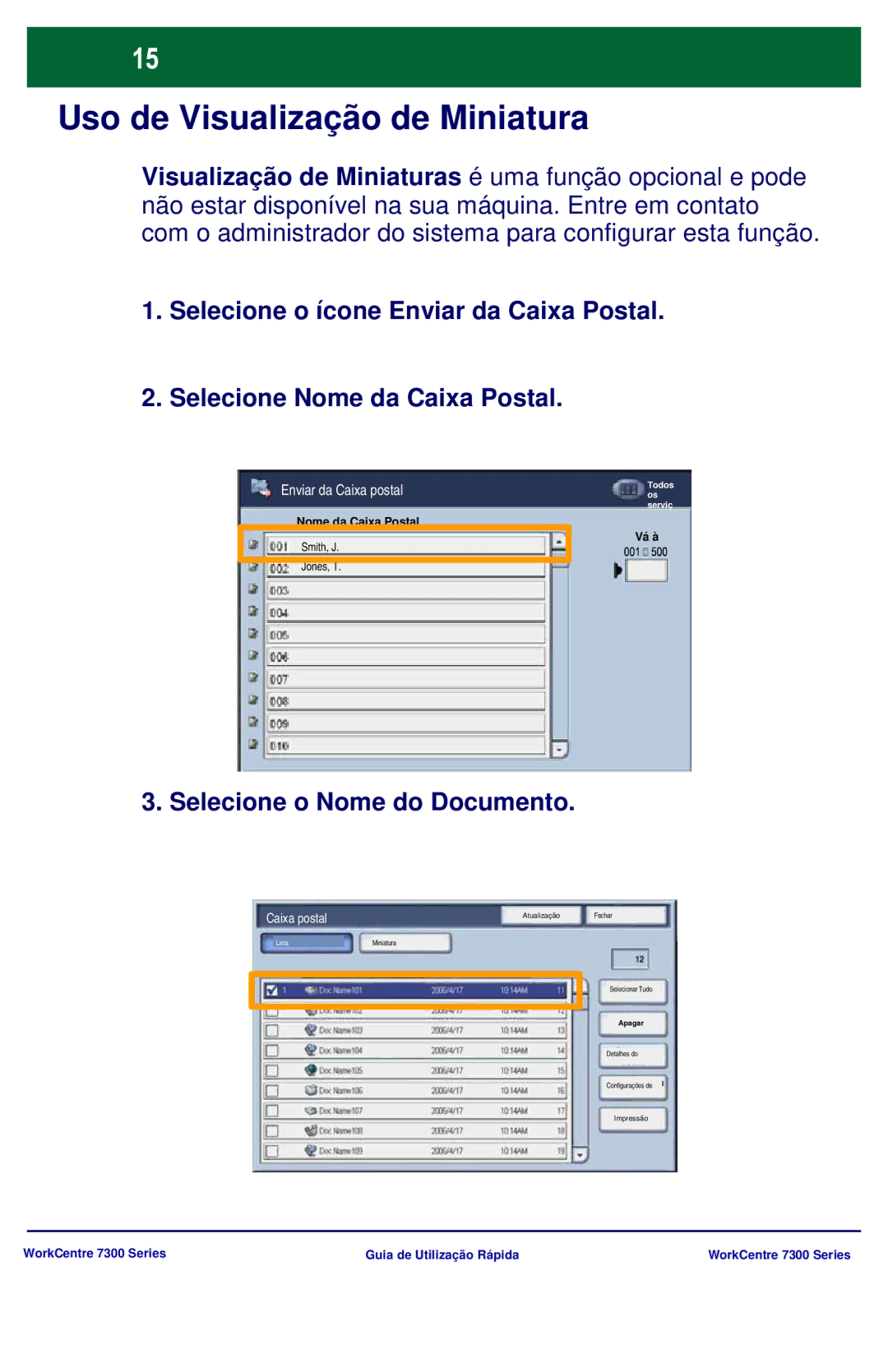 Xerox 7300 Series manual Uso de Visualização de Miniatura, Selecione o Nome do Documento, Caixa postal 