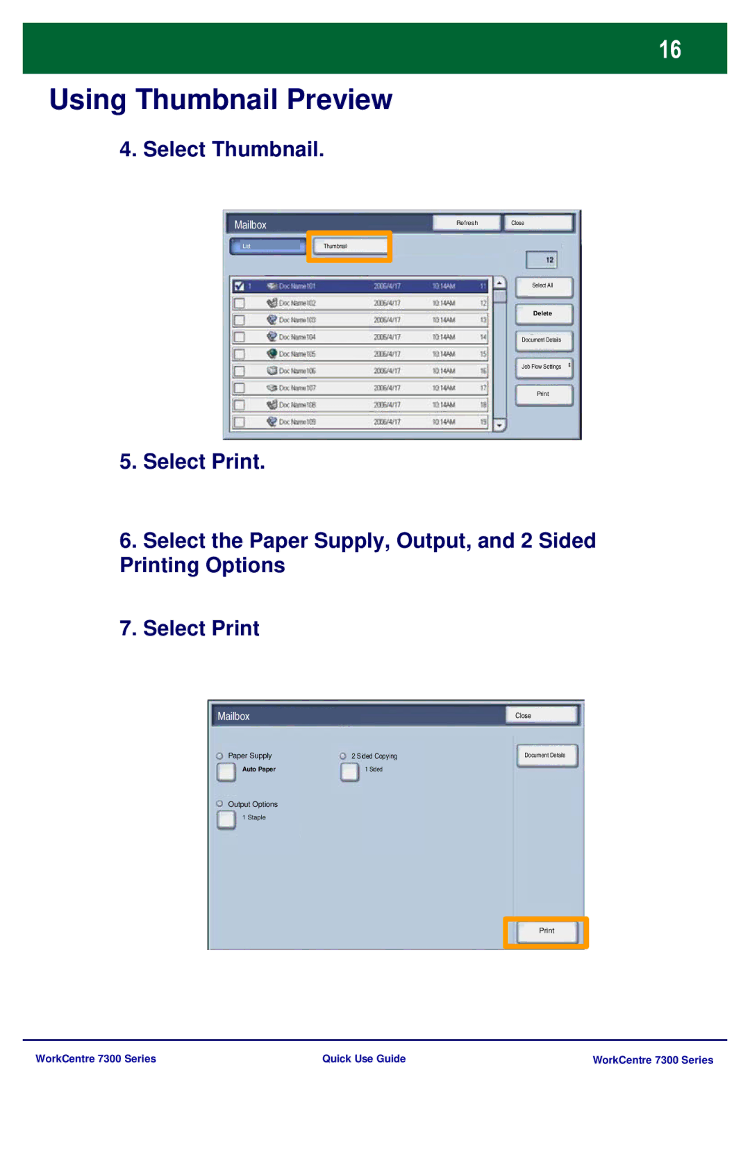 Xerox 7300 Series manual Select Thumbnail 