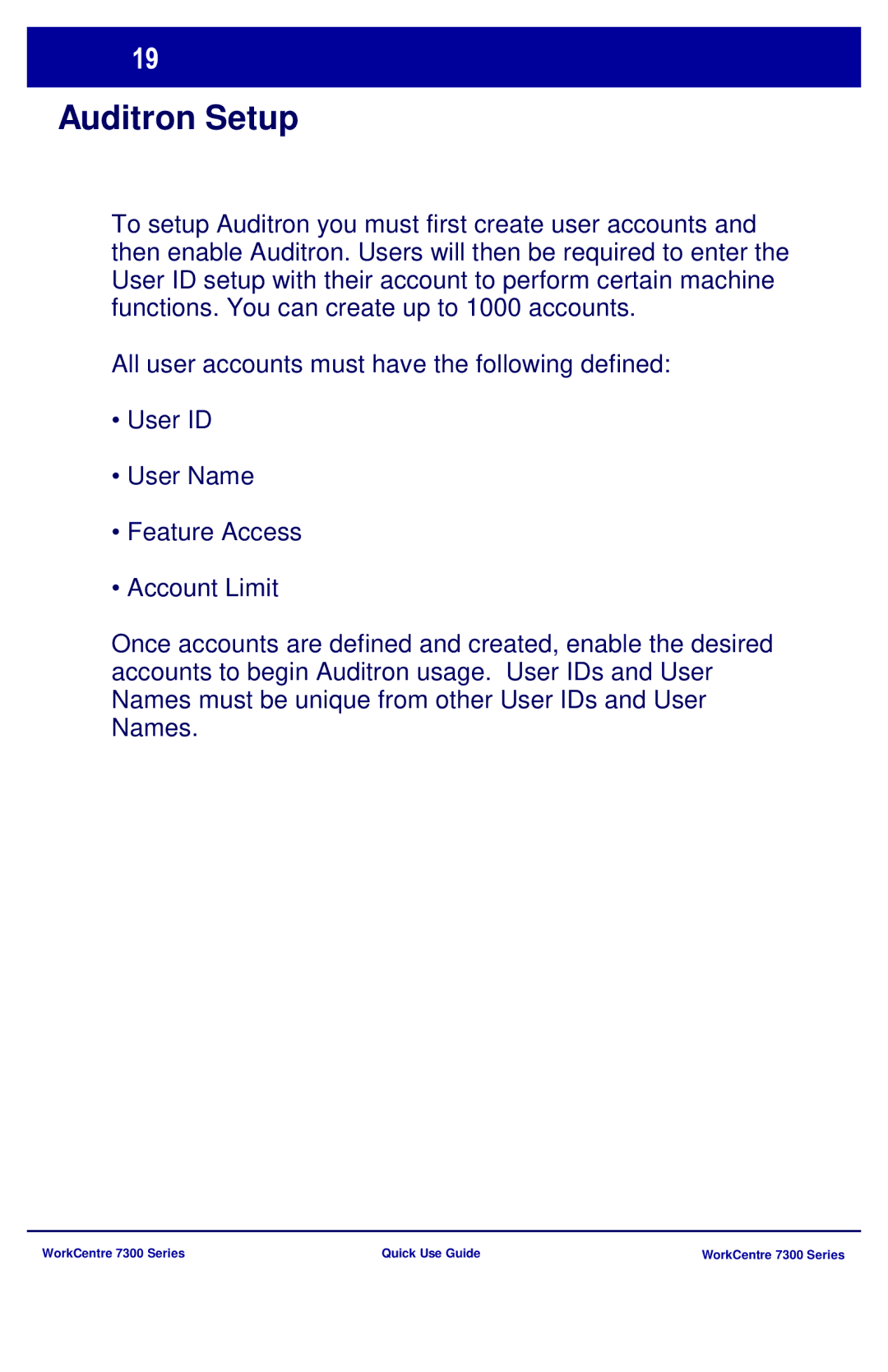 Xerox 7300 Series manual Auditron Setup 