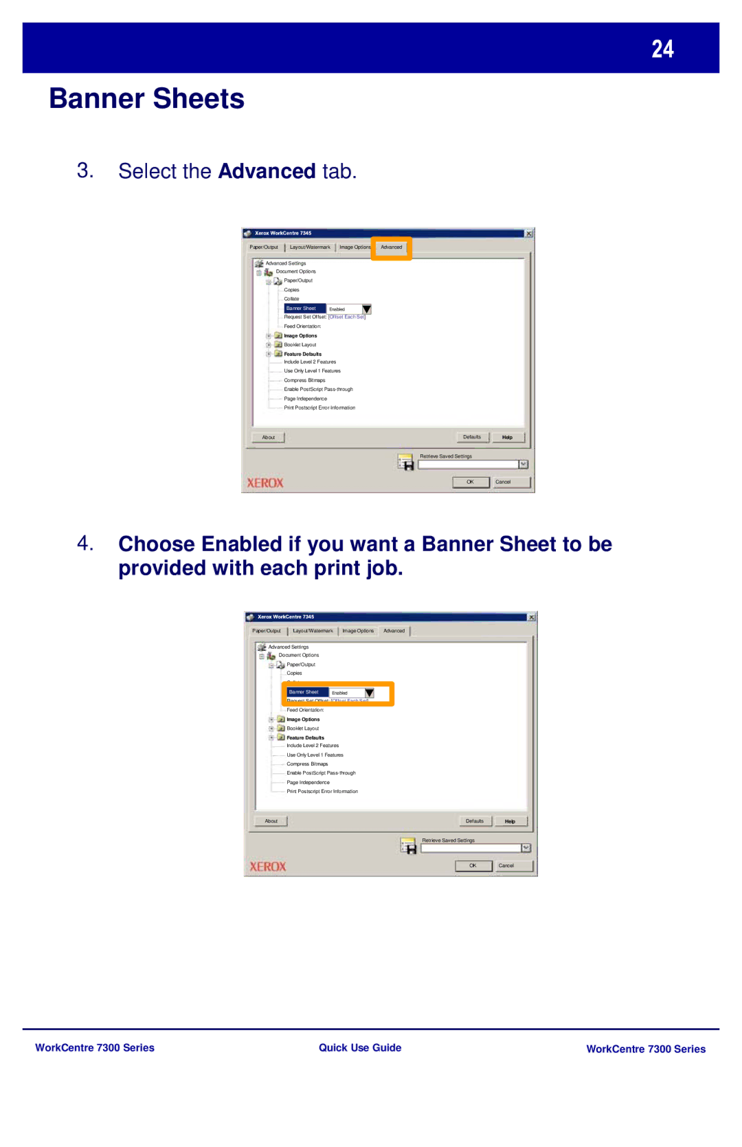 Xerox 7300 Series manual Select the Advanced tab, Feature Defaults 