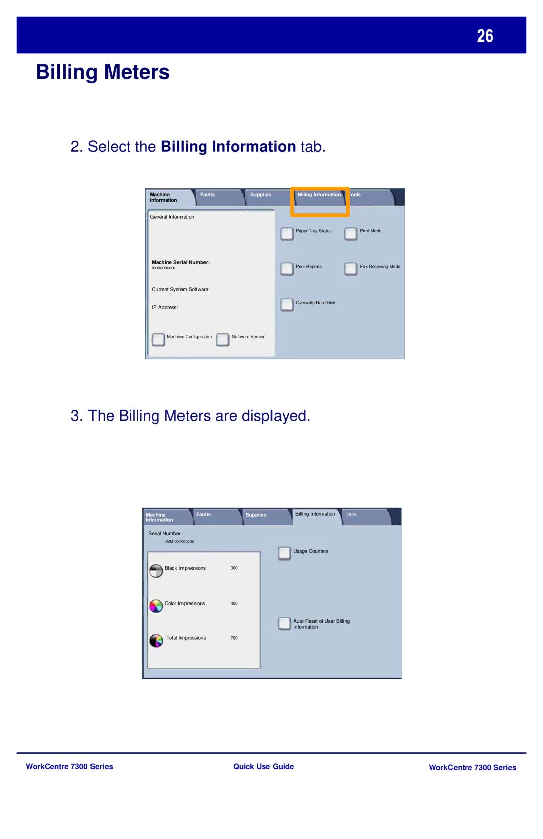 Xerox 7300 Series manual Select the Billing Information tab, Billing Meters are displayed 