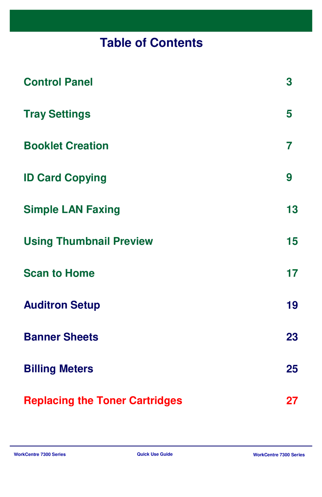 Xerox 7300 Series manual Table of Contents 