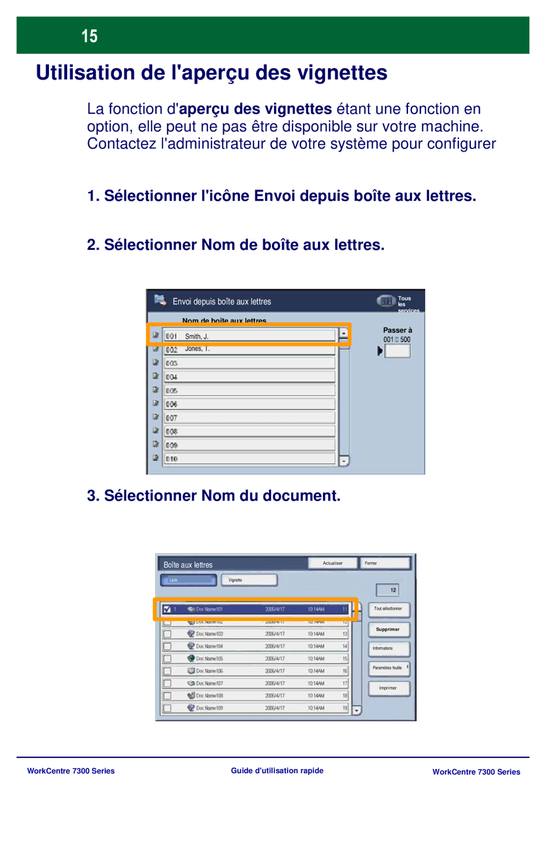 Xerox 7300 Series manual Utilisation de laperçu des vignettes, Sélectionner Nom du document, Boîte aux lettres 