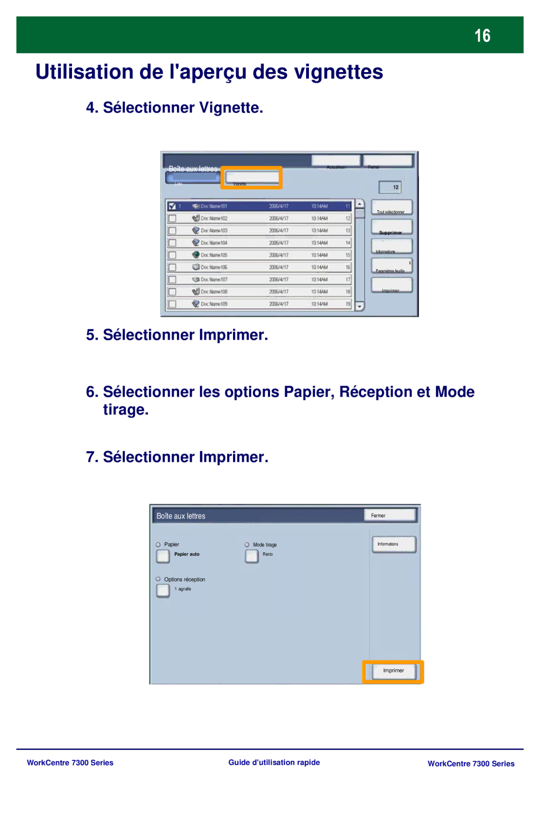 Xerox 7300 Series manual Sélectionner Vignette 