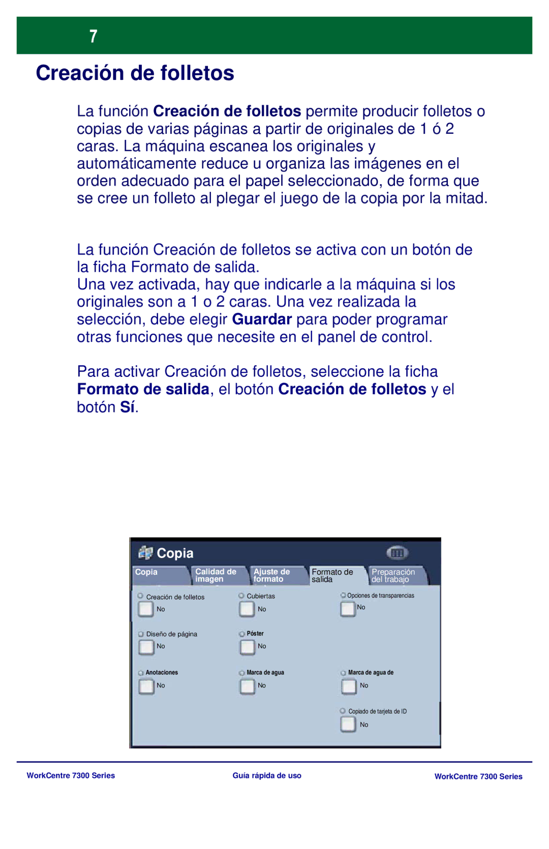 Xerox 7300 Series manual Creación de folletos, Preparación, Del trabajo 