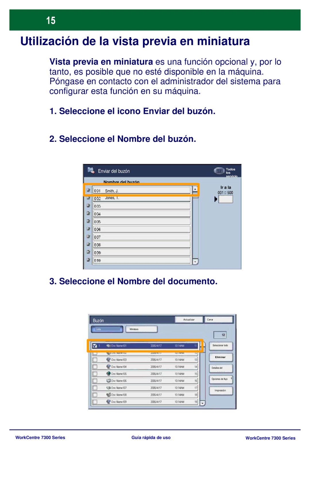 Xerox 7300 Series manual Utilización de la vista previa en miniatura, Seleccione el Nombre del documento, Buzón 